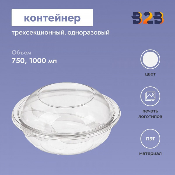Контейнер для холодных блюд с трехсекционной вставкой одноразовый 750/1000 мл ПЭТ