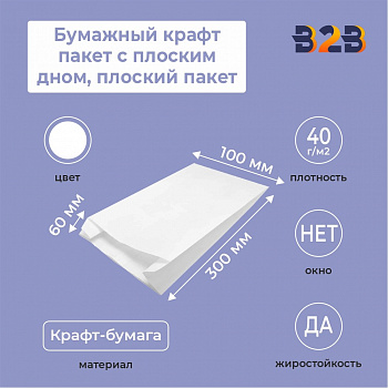 Бумажный крафт пакет с плоским дном, плоский пакет, белый, 100*60*300 мм